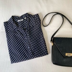 Uniqlo Navy Polka Dot Silk Button Up Shirt Blouse